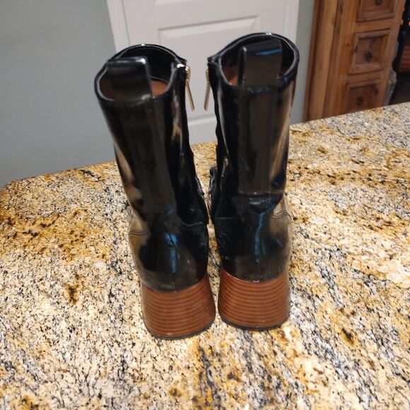 Steve Madden Loreen Black Patent Chunky Heel Gold Chain Mid Calf Boot Sz 8.5M - Picture 9 of 12